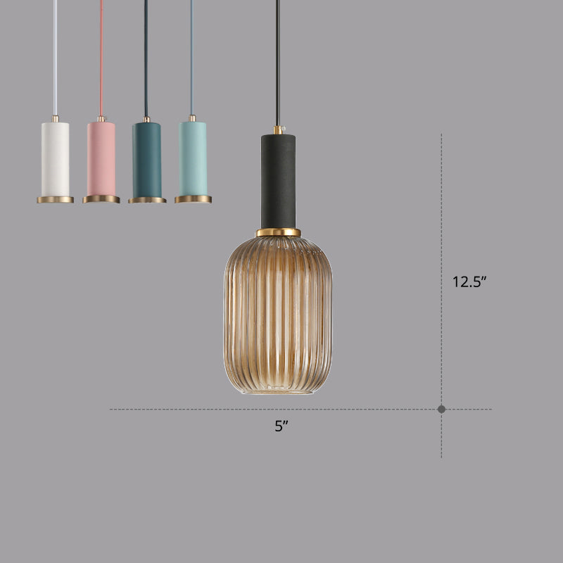 Modern Bottle Shaped Hanging Light Ribbed Glass 1 Bulb Dining Room Pendant Lighting Fixture Yellow-Black 5" Clearhalo 'Ceiling Lights' 'Chandeliers' 'Glass shade' 'Glass' 'Modern Pendants' 'Modern' 'Pendant Lights' 'Pendants' Lighting' 2356979