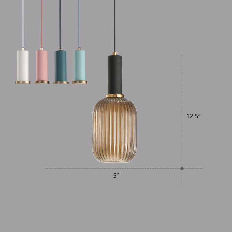 Modern Bottle Shaped Hanging Light Ribbed Glass 1 Bulb Dining Room Pendant Lighting Fixture Yellow-Black 5" Clearhalo 'Ceiling Lights' 'Chandeliers' 'Glass shade' 'Glass' 'Modern Pendants' 'Modern' 'Pendant Lights' 'Pendants' Lighting' 2356979