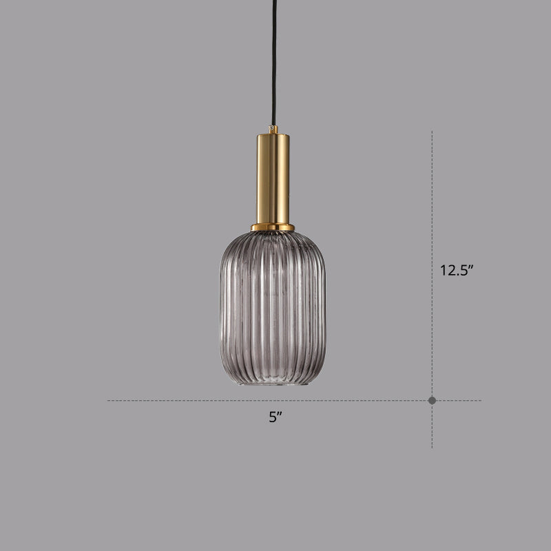 Modern Bottle Shaped Hanging Light Ribbed Glass 1 Bulb Dining Room Pendant Lighting Fixture Smoke Gray 5" Clearhalo 'Ceiling Lights' 'Chandeliers' 'Glass shade' 'Glass' 'Modern Pendants' 'Modern' 'Pendant Lights' 'Pendants' Lighting' 2356985