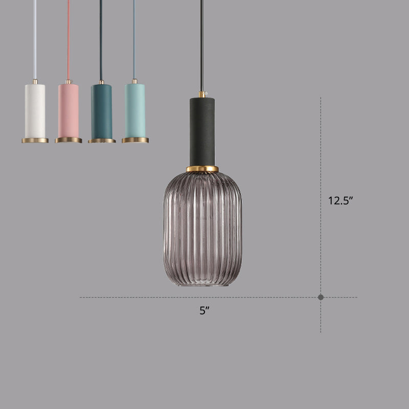Modern Bottle Shaped Hanging Light Ribbed Glass 1 Bulb Dining Room Pendant Lighting Fixture Black-Gray 5" Clearhalo 'Ceiling Lights' 'Chandeliers' 'Glass shade' 'Glass' 'Modern Pendants' 'Modern' 'Pendant Lights' 'Pendants' Lighting' 2356987