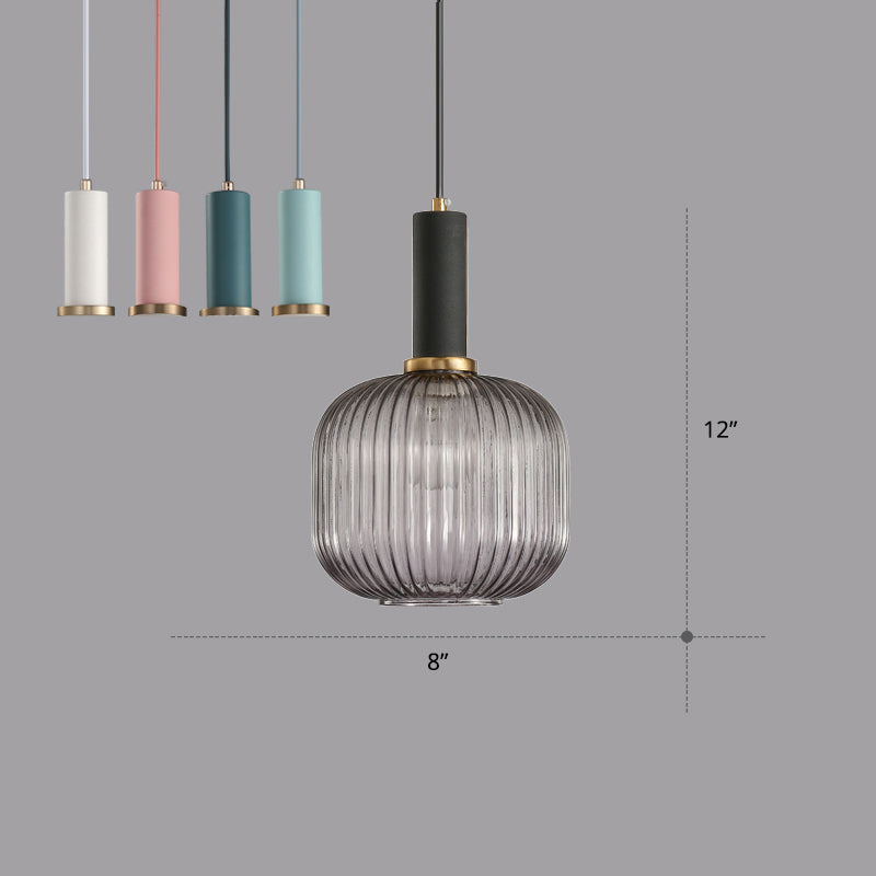 Modern Bottle Shaped Hanging Light Ribbed Glass 1 Bulb Dining Room Pendant Lighting Fixture Black-Gray 8" Clearhalo 'Ceiling Lights' 'Chandeliers' 'Glass shade' 'Glass' 'Modern Pendants' 'Modern' 'Pendant Lights' 'Pendants' Lighting' 2356988