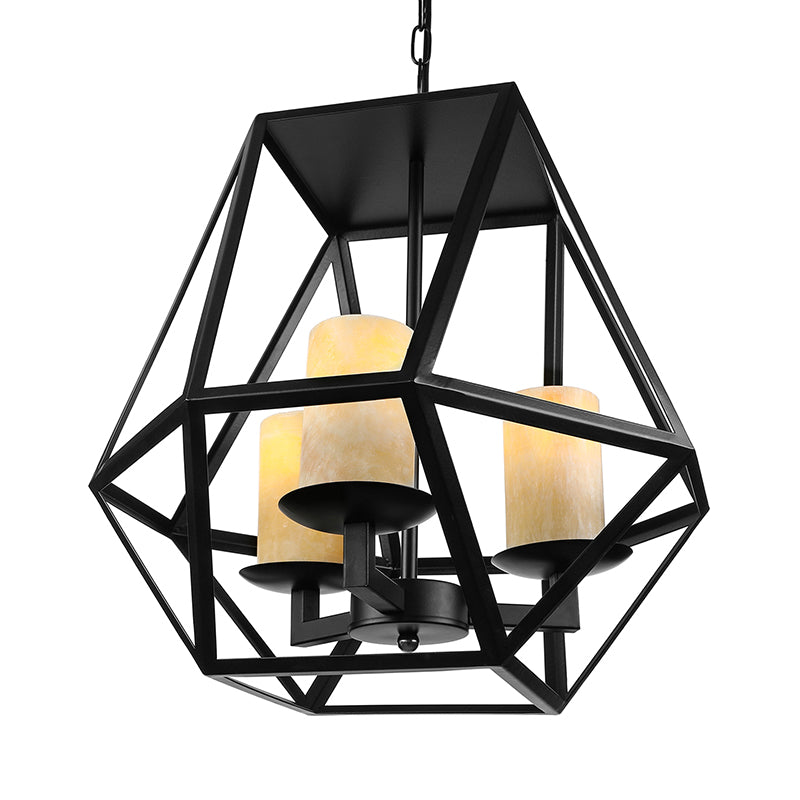 Industrial Style Geometric Cage Chandelier Lamp 3 Heads Metallic Ceiling Fixture with Inner Cylinder Glass Shade in Black Clearhalo 'Cast Iron' 'Ceiling Lights' 'Chandeliers' 'Industrial Chandeliers' 'Industrial' 'Metal' 'Middle Century Chandeliers' 'Rustic Chandeliers' 'Tiffany' Lighting' 235699