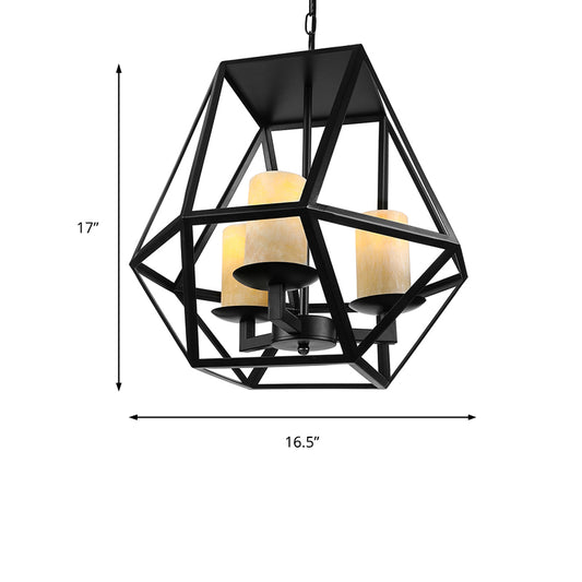 Industrial Style Geometric Cage Chandelier Lamp 3 Heads Metallic Ceiling Fixture with Inner Cylinder Glass Shade in Black Clearhalo 'Cast Iron' 'Ceiling Lights' 'Chandeliers' 'Industrial Chandeliers' 'Industrial' 'Metal' 'Middle Century Chandeliers' 'Rustic Chandeliers' 'Tiffany' Lighting' 235700