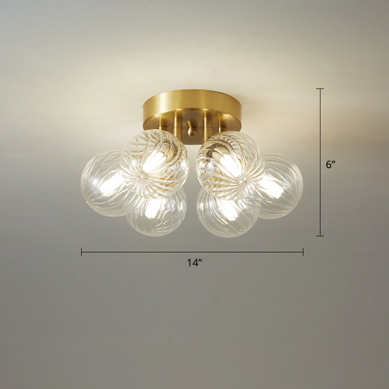 Post-Modern Ball Semi Mount Lighting Clear Twist Glass Dining Room Flush Ceiling Light in Brass 6 Brass Clearhalo 'Ceiling Lights' 'Close To Ceiling Lights' 'Close to ceiling' 'Semi-flushmount' Lighting' 2357079