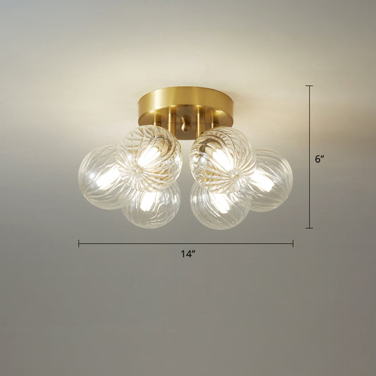 Post-Modern Ball Semi Mount Lighting Clear Twist Glass Dining Room Flush Ceiling Light in Brass 6 Brass Clearhalo 'Ceiling Lights' 'Close To Ceiling Lights' 'Close to ceiling' 'Semi-flushmount' Lighting' 2357079
