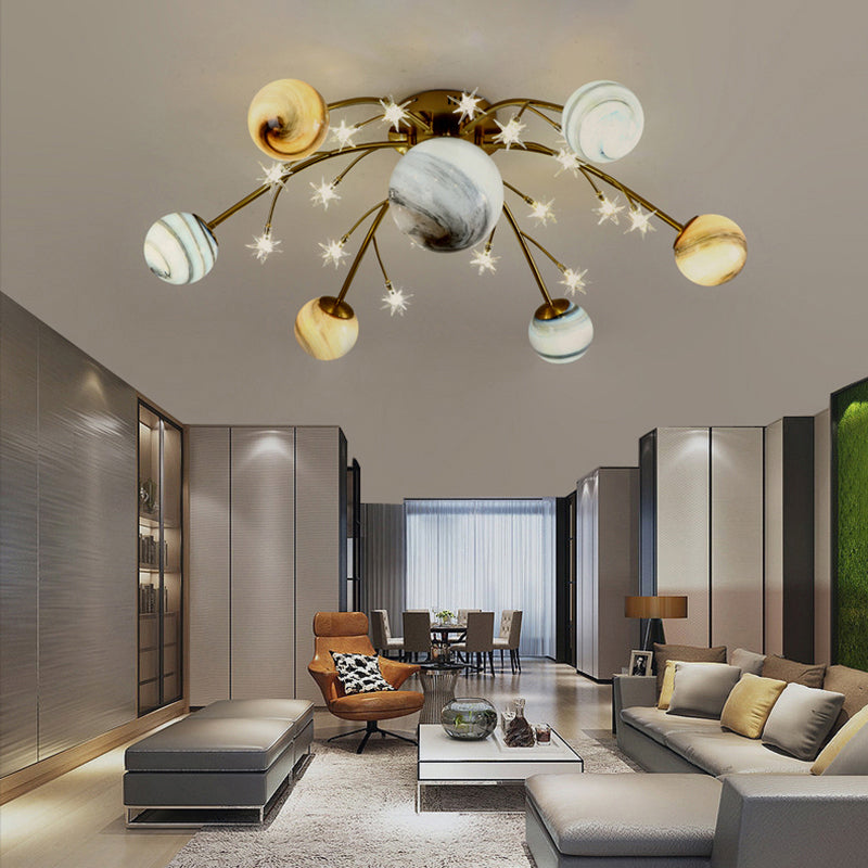 Brass Space Planet Flush Light Postmodern Multicolored Glass Semi-Flush Mount Ceiling Light Brass 42.5" Clearhalo 'Ceiling Lights' 'Close To Ceiling Lights' 'Close to ceiling' 'Semi-flushmount' Lighting' 2357123