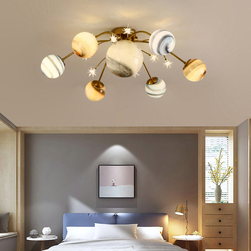 Brass Space Planet Flush Light Postmodern Multicolored Glass Semi-Flush Mount Ceiling Light Brass 34.5" Clearhalo 'Ceiling Lights' 'Close To Ceiling Lights' 'Close to ceiling' 'Semi-flushmount' Lighting' 2357124