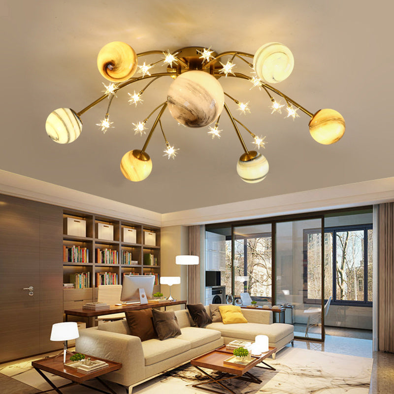 Brass Space Planet Flush Light Postmodern Multicolored Glass Semi-Flush Mount Ceiling Light Clearhalo 'Ceiling Lights' 'Close To Ceiling Lights' 'Close to ceiling' 'Semi-flushmount' Lighting' 2357125