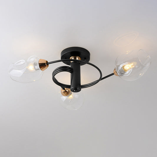 Postmodern Ceiling Flush Mount Spiraling Semi Flush Light with Dimpled Glass Shade for Bedroom 3 Black Clear Clearhalo 'Ceiling Lights' 'Close To Ceiling Lights' 'Close to ceiling' 'Semi-flushmount' Lighting' 2357163