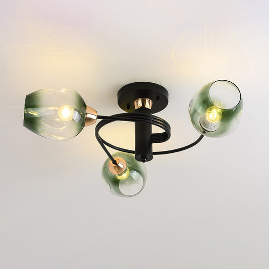 Postmodern Ceiling Flush Mount Spiraling Semi Flush Light with Dimpled Glass Shade for Bedroom 3 Black Green Clearhalo 'Ceiling Lights' 'Close To Ceiling Lights' 'Close to ceiling' 'Semi-flushmount' Lighting' 2357166