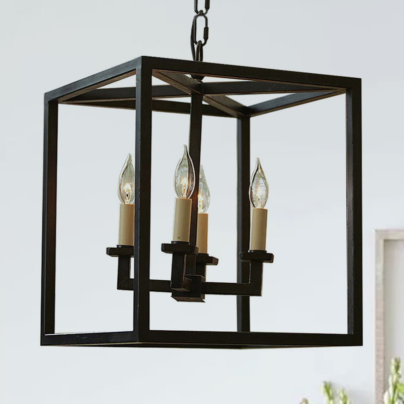 Vintage Cubic Chandelier Lighting with Cage Shade 4 Lights Metal Small Hanging Lamp in Black for Bathroom Clearhalo 'Ceiling Lights' 'Chandeliers' 'Modern Chandeliers' 'Modern' Lighting' 235718
