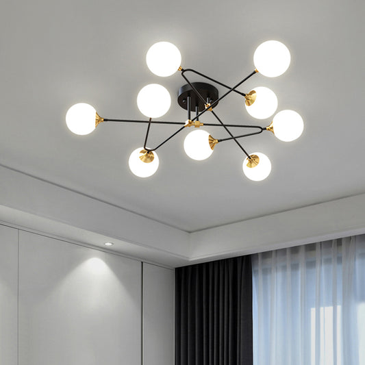 Milky Glass Ball Flush Chandelier Nordic Black-Brass Semi Flush Mount Lighting for Bedroom 9 Black Clearhalo 'Ceiling Lights' 'Close To Ceiling Lights' 'Close to ceiling' 'Semi-flushmount' Lighting' 2357188