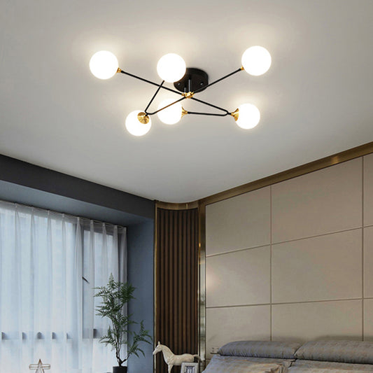 Milky Glass Ball Flush Chandelier Nordic Black-Brass Semi Flush Mount Lighting for Bedroom 6 Black Clearhalo 'Ceiling Lights' 'Close To Ceiling Lights' 'Close to ceiling' 'Semi-flushmount' Lighting' 2357190