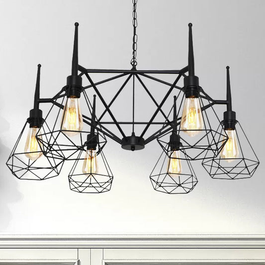 Multi Light Chandelier Lamp Retro Industrial Cage Diamond Iron Ceiling Pendant Light with Adjustable Chain in Black Clearhalo 'Cast Iron' 'Ceiling Lights' 'Chandeliers' 'Industrial Chandeliers' 'Industrial' 'Metal' 'Middle Century Chandeliers' 'Rustic Chandeliers' 'Tiffany' Lighting' 235723