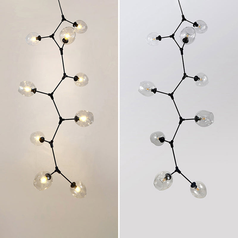 Postmodern Ceiling Chandelier DNA Structure Pendant Light with Dimpled Cup Glass Shade 9 Black Clearhalo 'Ceiling Lights' 'Chandeliers' 'Modern Chandeliers' 'Modern' Lighting' 2357249_348517f3-03ab-4b88-a204-613e02f2ee25