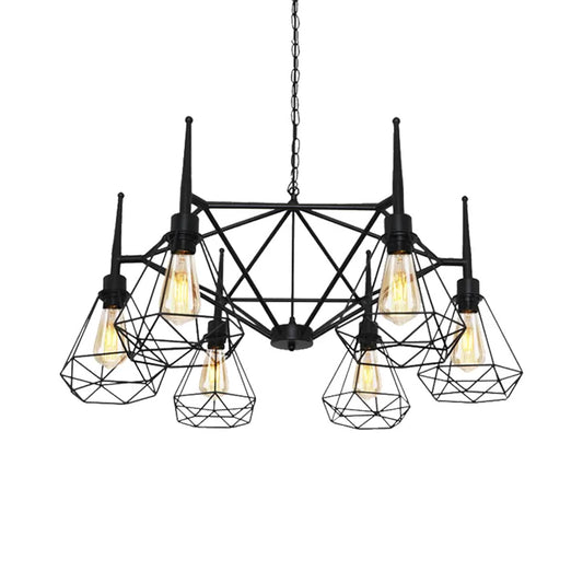 Multi Light Chandelier Lamp Retro Industrial Cage Diamond Iron Ceiling Pendant Light with Adjustable Chain in Black Clearhalo 'Cast Iron' 'Ceiling Lights' 'Chandeliers' 'Industrial Chandeliers' 'Industrial' 'Metal' 'Middle Century Chandeliers' 'Rustic Chandeliers' 'Tiffany' Lighting' 235725