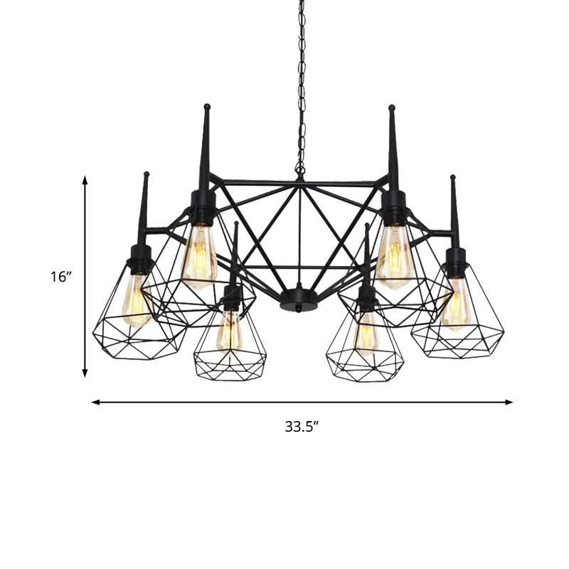 Multi Light Chandelier Lamp Retro Industrial Cage Diamond Iron Ceiling Pendant Light with Adjustable Chain in Black Clearhalo 'Cast Iron' 'Ceiling Lights' 'Chandeliers' 'Industrial Chandeliers' 'Industrial' 'Metal' 'Middle Century Chandeliers' 'Rustic Chandeliers' 'Tiffany' Lighting' 235726