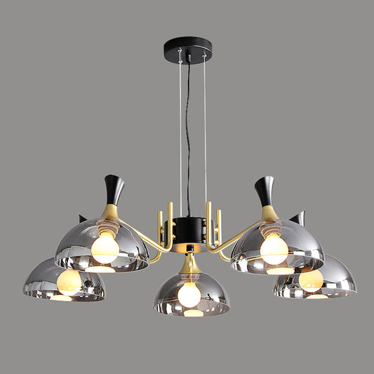 Bowl Shaped Restaurant Hanging Lighting Glass Postmodern Chandelier with Grip in Black-Brass 5 Smoke Gray Clearhalo 'Ceiling Lights' 'Chandeliers' 'Modern Chandeliers' 'Modern' Lighting' 2357288