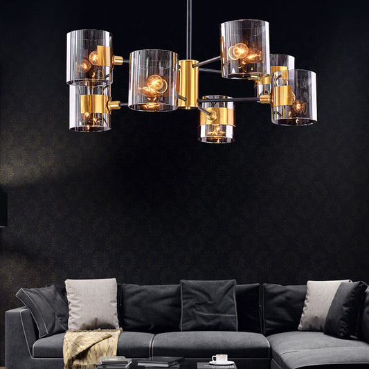 Cylinder Shaped Hanging Chandelier Postmodern Smoke Grey Glass Living Room Pendant Light in Brass Clearhalo 'Ceiling Lights' 'Chandeliers' 'Modern Chandeliers' 'Modern' Lighting' 2357289