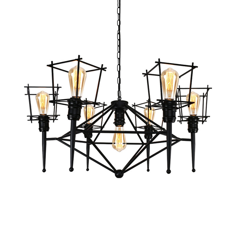 Squared Cage Iron Pendant Lighting Industrial Multi Light Restaurant Chandelier Lighting in Black Clearhalo 'Cast Iron' 'Ceiling Lights' 'Chandeliers' 'Industrial Chandeliers' 'Industrial' 'Metal' 'Middle Century Chandeliers' 'Rustic Chandeliers' 'Tiffany' Lighting' 235729