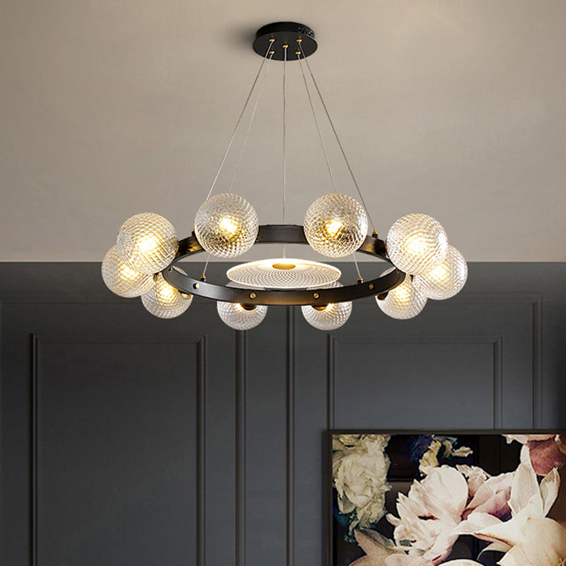 Designer Ball Shaped Pendant Chandelier Clear Lattice Glass Restaurant Hanging Light in Black Clearhalo 'Ceiling Lights' 'Chandeliers' 'Modern Chandeliers' 'Modern' Lighting' 2357306