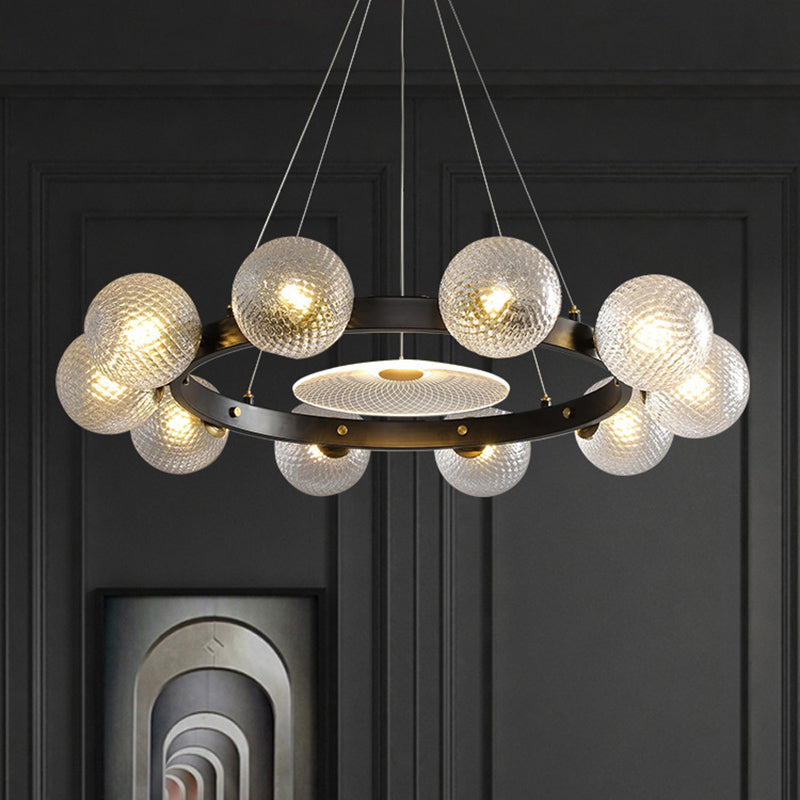 Designer Ball Shaped Pendant Chandelier Clear Lattice Glass Restaurant Hanging Light in Black Clearhalo 'Ceiling Lights' 'Chandeliers' 'Modern Chandeliers' 'Modern' Lighting' 2357309