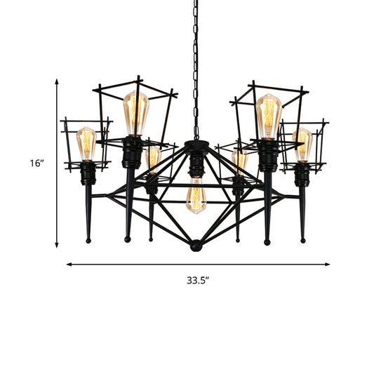 Squared Cage Iron Pendant Lighting Industrial Multi Light Restaurant Chandelier Lighting in Black Clearhalo 'Cast Iron' 'Ceiling Lights' 'Chandeliers' 'Industrial Chandeliers' 'Industrial' 'Metal' 'Middle Century Chandeliers' 'Rustic Chandeliers' 'Tiffany' Lighting' 235730