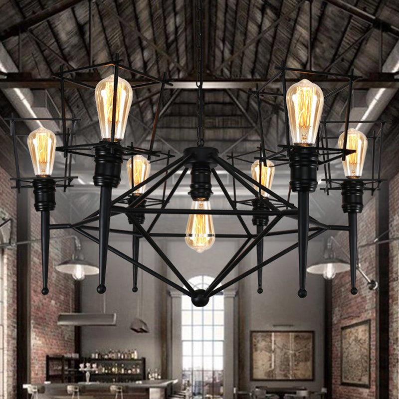 Squared Cage Iron Pendant Lighting Industrial Multi Light Restaurant Chandelier Lighting in Black Clearhalo 'Cast Iron' 'Ceiling Lights' 'Chandeliers' 'Industrial Chandeliers' 'Industrial' 'Metal' 'Middle Century Chandeliers' 'Rustic Chandeliers' 'Tiffany' Lighting' 235734