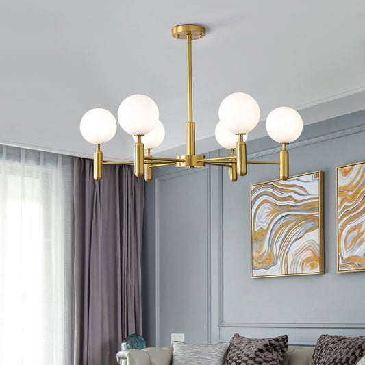 Living Room Ceiling Pendant Light Postmodern Brass Chandelier with Ball Glass Shade 6 Cream Clearhalo 'Ceiling Lights' 'Chandeliers' 'Modern Chandeliers' 'Modern' Lighting' 2357356