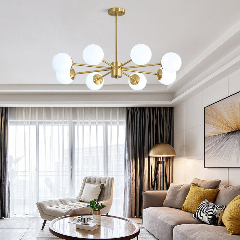 Postmodernism Balls Chandelier Ivory Glass Living Room Hanging Light with Burst Design in Gold Clearhalo 'Ceiling Lights' 'Chandeliers' 'Modern Chandeliers' 'Modern' Lighting' 2357373