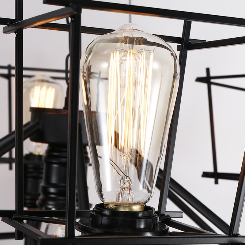 Squared Cage Iron Pendant Lighting Industrial Multi Light Restaurant Chandelier Lighting in Black Clearhalo 'Cast Iron' 'Ceiling Lights' 'Chandeliers' 'Industrial Chandeliers' 'Industrial' 'Metal' 'Middle Century Chandeliers' 'Rustic Chandeliers' 'Tiffany' Lighting' 235739
