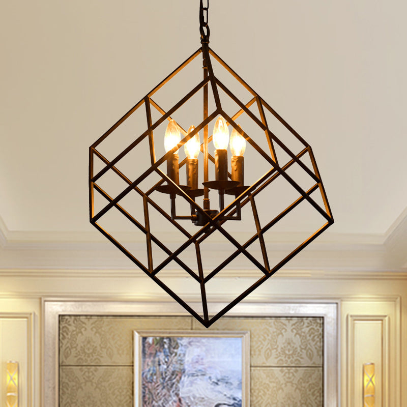 Cubic Cage Iron Chandelier Pendant Light Retro Loft 4 Lights Restaurant Hanging Lamp with Candle in Black Black Clearhalo 'Cast Iron' 'Ceiling Lights' 'Chandeliers' 'Industrial Chandeliers' 'Industrial' 'Metal' 'Middle Century Chandeliers' 'Rustic Chandeliers' 'Tiffany' Lighting' 235741