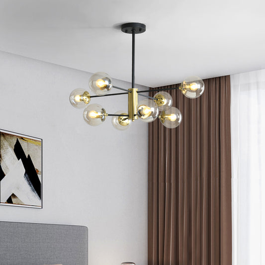 Postmodern Sputnik Pendant Light Fixture Glass Living Room Chandelier in Black-Gold 8 Black Amber Clearhalo 'Ceiling Lights' 'Chandeliers' 'Modern Chandeliers' 'Modern' Lighting' 2357412