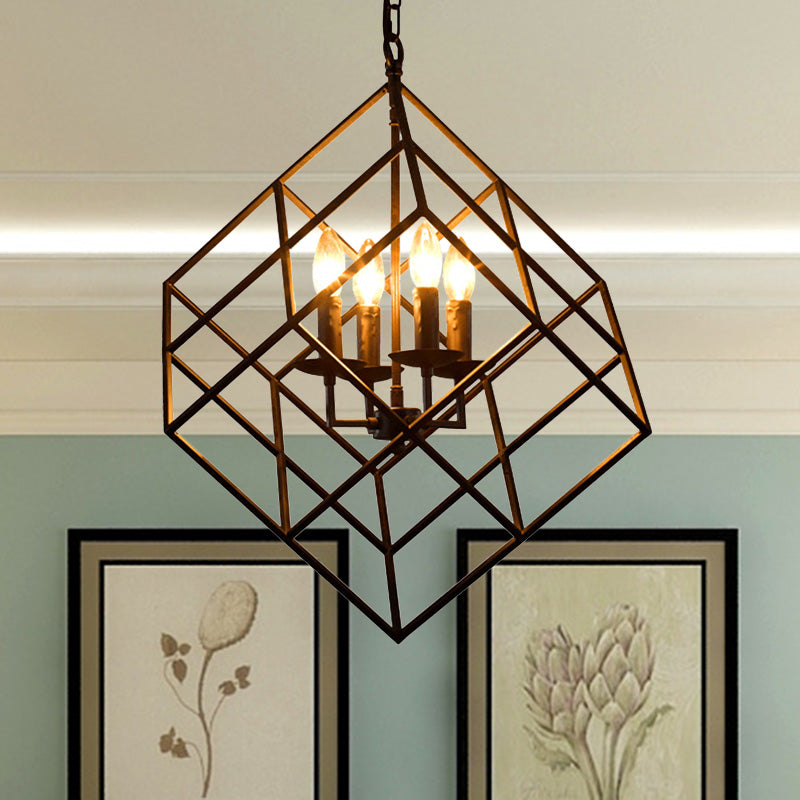 Cubic Cage Iron Chandelier Pendant Light Retro Loft 4 Lights Restaurant Hanging Lamp with Candle in Black Clearhalo 'Cast Iron' 'Ceiling Lights' 'Chandeliers' 'Industrial Chandeliers' 'Industrial' 'Metal' 'Middle Century Chandeliers' 'Rustic Chandeliers' 'Tiffany' Lighting' 235742