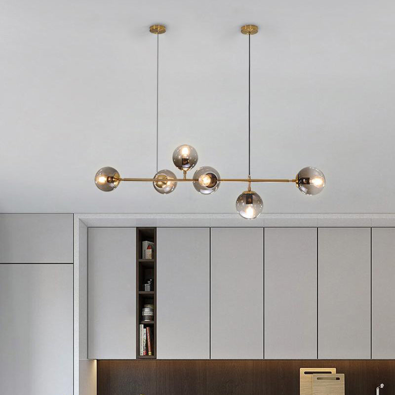 Minimalism 6 Bulbs Island Lamp Brass Ball Suspension Light with Glass Shade for Restaurant Smoke Gray Clearhalo 'Ceiling Lights' 'Island Lights' Lighting' 2357423