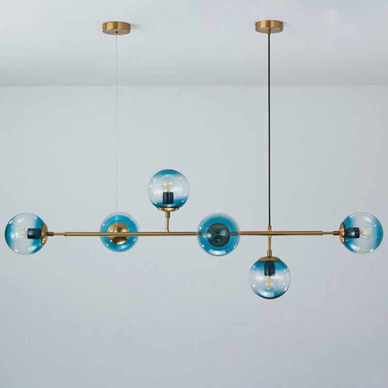 Minimalism 6 Bulbs Island Lamp Brass Ball Suspension Light with Glass Shade for Restaurant Blue Clearhalo 'Ceiling Lights' 'Island Lights' Lighting' 2357426