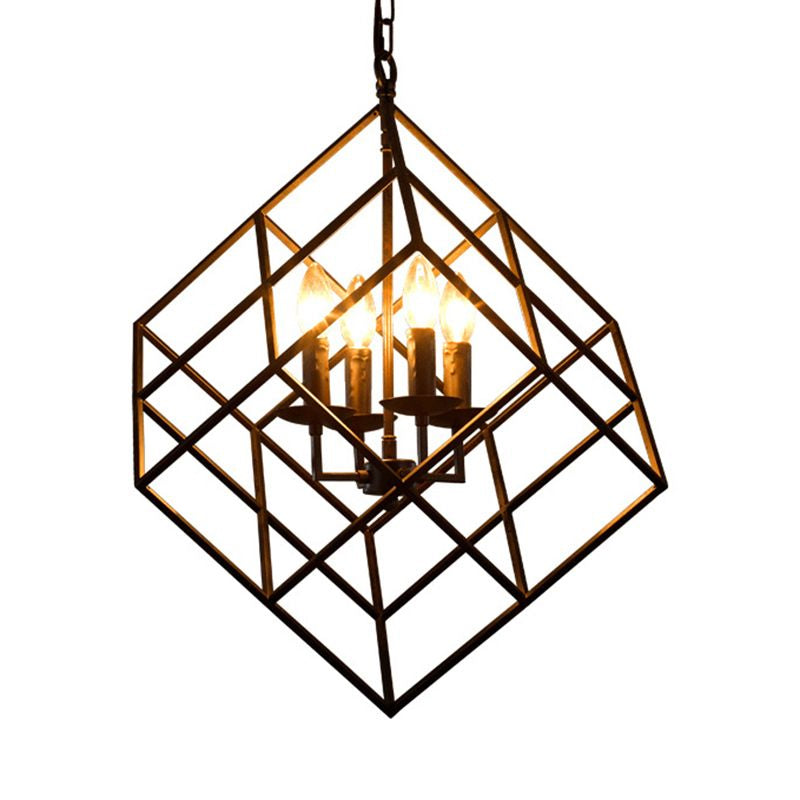 Cubic Cage Iron Chandelier Pendant Light Retro Loft 4 Lights Restaurant Hanging Lamp with Candle in Black Clearhalo 'Cast Iron' 'Ceiling Lights' 'Chandeliers' 'Industrial Chandeliers' 'Industrial' 'Metal' 'Middle Century Chandeliers' 'Rustic Chandeliers' 'Tiffany' Lighting' 235749