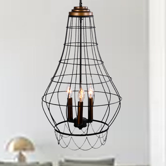 Black Finish Wire Guard Drop Light Industrial Stylish Metal 3 Lights Balcony Pendant Lamp with Candle Design Clearhalo 'Cast Iron' 'Ceiling Lights' 'Chandeliers' 'Industrial Chandeliers' 'Industrial' 'Metal' 'Middle Century Chandeliers' 'Rustic Chandeliers' 'Tiffany' Lighting' 235757