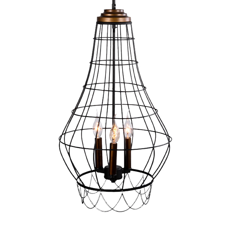 Black Finish Wire Guard Drop Light Industrial Stylish Metal 3 Lights Balcony Pendant Lamp with Candle Design Clearhalo 'Cast Iron' 'Ceiling Lights' 'Chandeliers' 'Industrial Chandeliers' 'Industrial' 'Metal' 'Middle Century Chandeliers' 'Rustic Chandeliers' 'Tiffany' Lighting' 235759