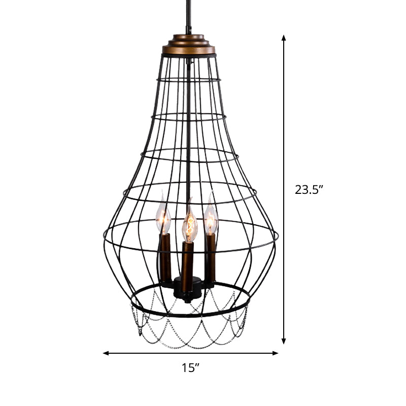Black Finish Wire Guard Drop Light Industrial Stylish Metal 3 Lights Balcony Pendant Lamp with Candle Design Clearhalo 'Cast Iron' 'Ceiling Lights' 'Chandeliers' 'Industrial Chandeliers' 'Industrial' 'Metal' 'Middle Century Chandeliers' 'Rustic Chandeliers' 'Tiffany' Lighting' 235760