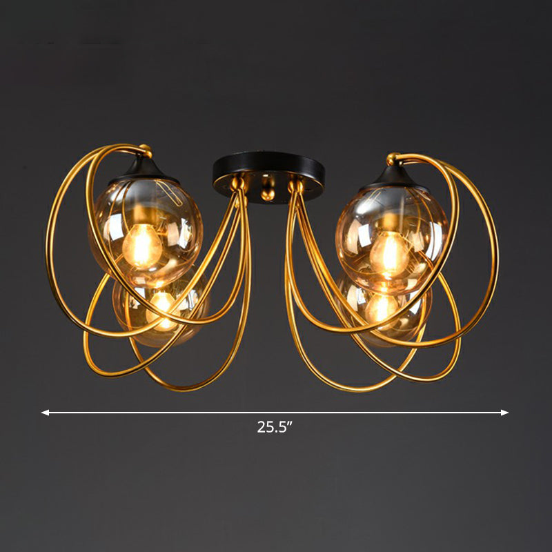 Brass Finish Floral Semi-Flush Ceiling Light Postmodern Glass Flushmount Lighting for Living Room 4 Amber Clearhalo 'Ceiling Lights' 'Close To Ceiling Lights' 'Close to ceiling' 'Semi-flushmount' Lighting' 2357864