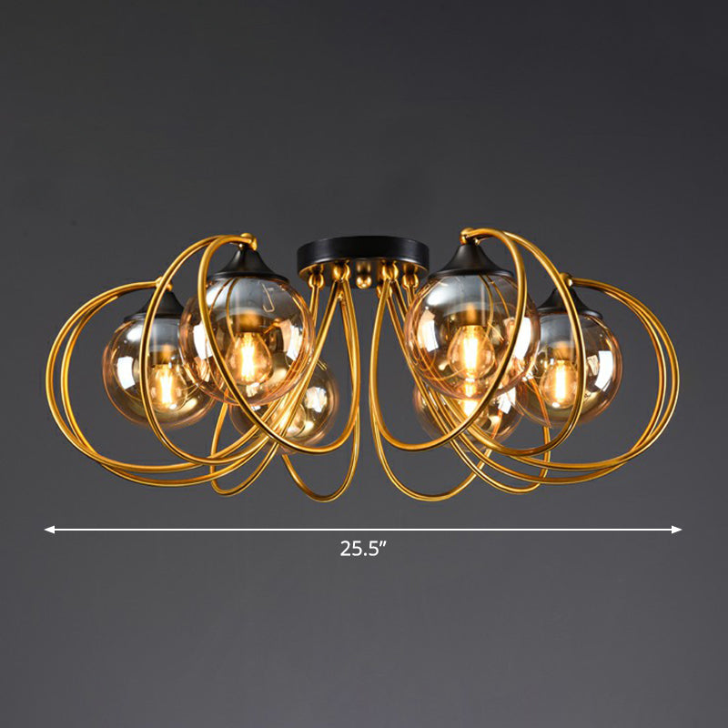 Brass Finish Floral Semi-Flush Ceiling Light Postmodern Glass Flushmount Lighting for Living Room 6 Amber Clearhalo 'Ceiling Lights' 'Close To Ceiling Lights' 'Close to ceiling' 'Semi-flushmount' Lighting' 2357866