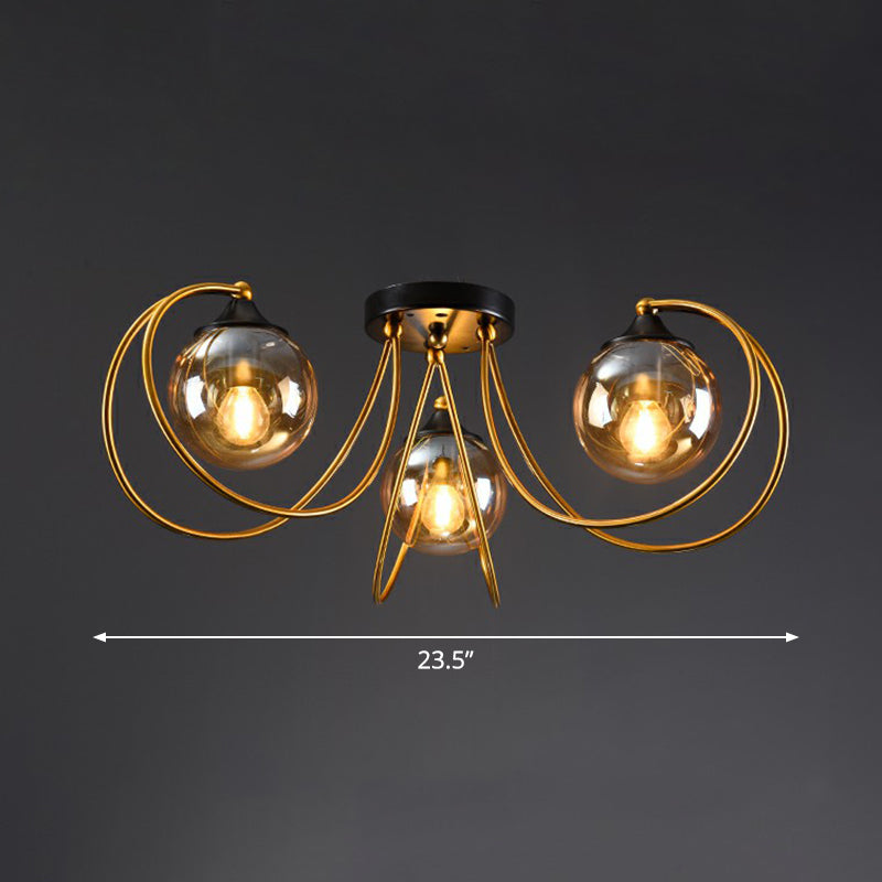 Brass Finish Floral Semi-Flush Ceiling Light Postmodern Glass Flushmount Lighting for Living Room 3 Amber Clearhalo 'Ceiling Lights' 'Close To Ceiling Lights' 'Close to ceiling' 'Semi-flushmount' Lighting' 2357869