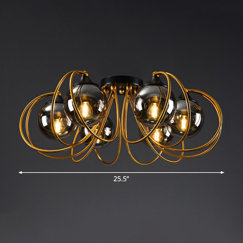 Brass Finish Floral Semi-Flush Ceiling Light Postmodern Glass Flushmount Lighting for Living Room 6 Smoke Gray Clearhalo 'Ceiling Lights' 'Close To Ceiling Lights' 'Close to ceiling' 'Semi-flushmount' Lighting' 2357873
