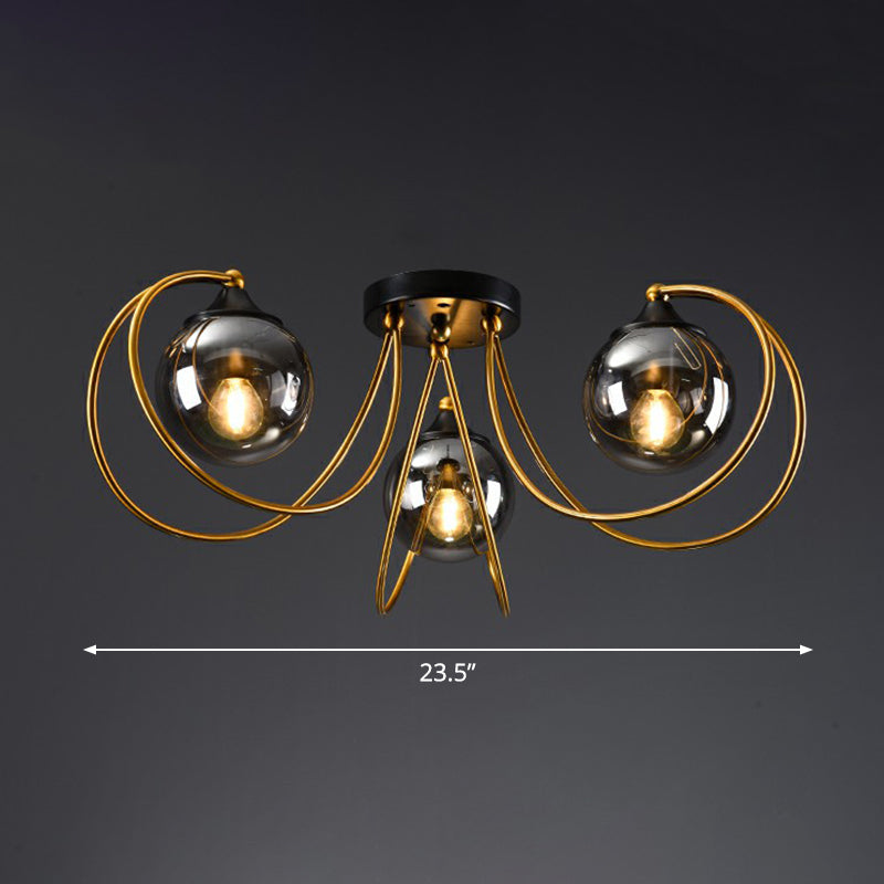 Brass Finish Floral Semi-Flush Ceiling Light Postmodern Glass Flushmount Lighting for Living Room 3 Smoke Gray Clearhalo 'Ceiling Lights' 'Close To Ceiling Lights' 'Close to ceiling' 'Semi-flushmount' Lighting' 2357875