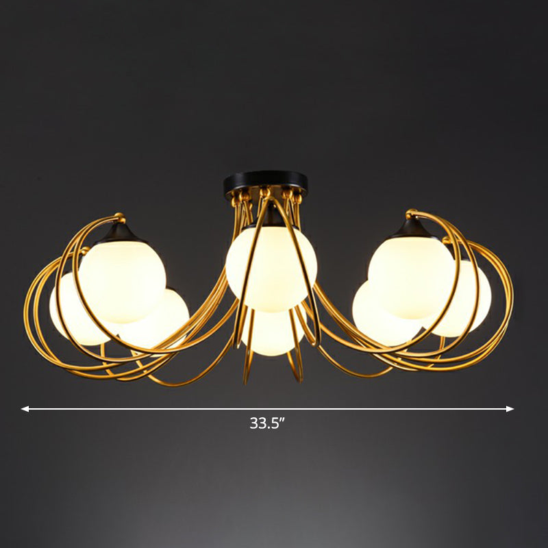 Brass Finish Floral Semi-Flush Ceiling Light Postmodern Glass Flushmount Lighting for Living Room 8 White Clearhalo 'Ceiling Lights' 'Close To Ceiling Lights' 'Close to ceiling' 'Semi-flushmount' Lighting' 2357877