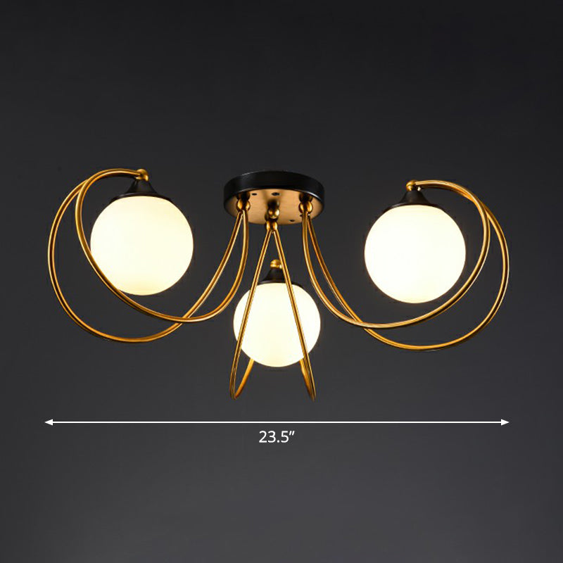 Brass Finish Floral Semi-Flush Ceiling Light Postmodern Glass Flushmount Lighting for Living Room 3 White Clearhalo 'Ceiling Lights' 'Close To Ceiling Lights' 'Close to ceiling' 'Semi-flushmount' Lighting' 2357878