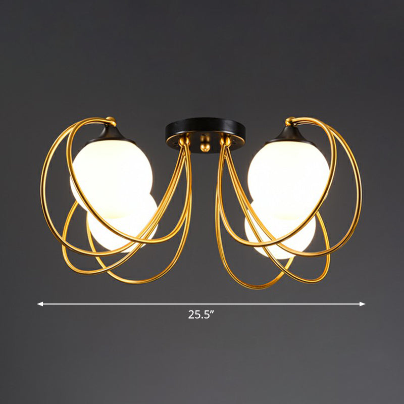 Brass Finish Floral Semi-Flush Ceiling Light Postmodern Glass Flushmount Lighting for Living Room 4 White Clearhalo 'Ceiling Lights' 'Close To Ceiling Lights' 'Close to ceiling' 'Semi-flushmount' Lighting' 2357879