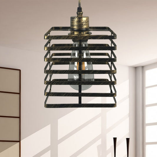 Aged Brass Cylinder/Squared Pendant Ceiling Light with Cage Shade Vintage Metal 1 Light Restaurant Pendant Lamp Antique Brass Square Clearhalo 'Art Deco Pendants' 'Cast Iron' 'Ceiling Lights' 'Ceramic' 'Crystal' 'Industrial Pendants' 'Industrial' 'Metal' 'Middle Century Pendants' 'Pendant Lights' 'Pendants' 'Tiffany' Lighting' 235801