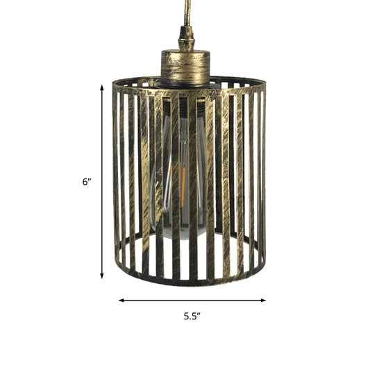 Aged Brass Cylinder/Squared Pendant Ceiling Light with Cage Shade Vintage Metal 1 Light Restaurant Pendant Lamp Clearhalo 'Art Deco Pendants' 'Cast Iron' 'Ceiling Lights' 'Ceramic' 'Crystal' 'Industrial Pendants' 'Industrial' 'Metal' 'Middle Century Pendants' 'Pendant Lights' 'Pendants' 'Tiffany' Lighting' 235807
